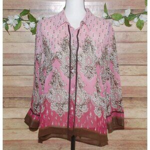 Pretty Emma James Paisley Print Pink Brown Sheer Blouse Size 16 Career Church